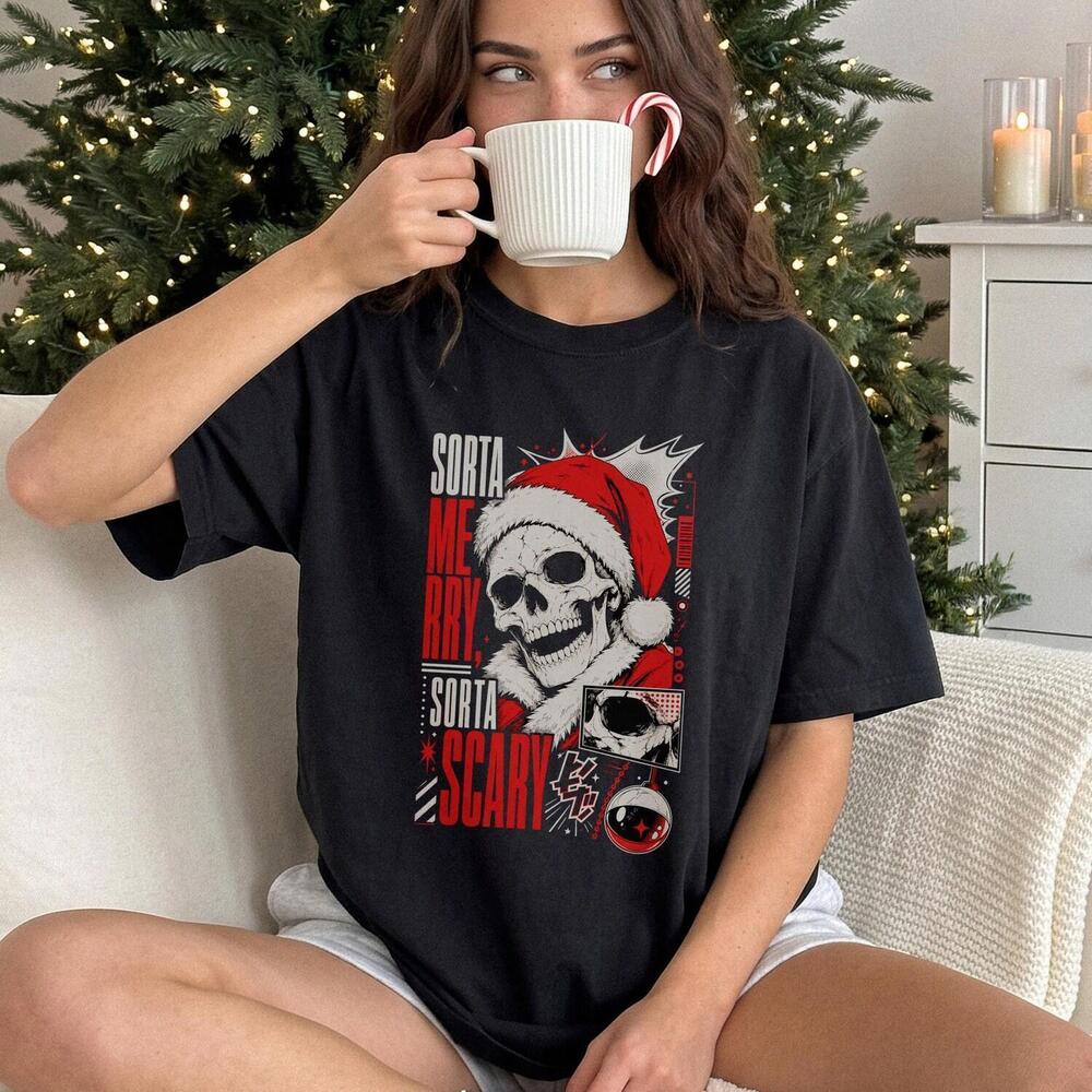 Sorta Merry Sorta Scary T-Shirt, Creepy Christmas Shirt, Goth Santa